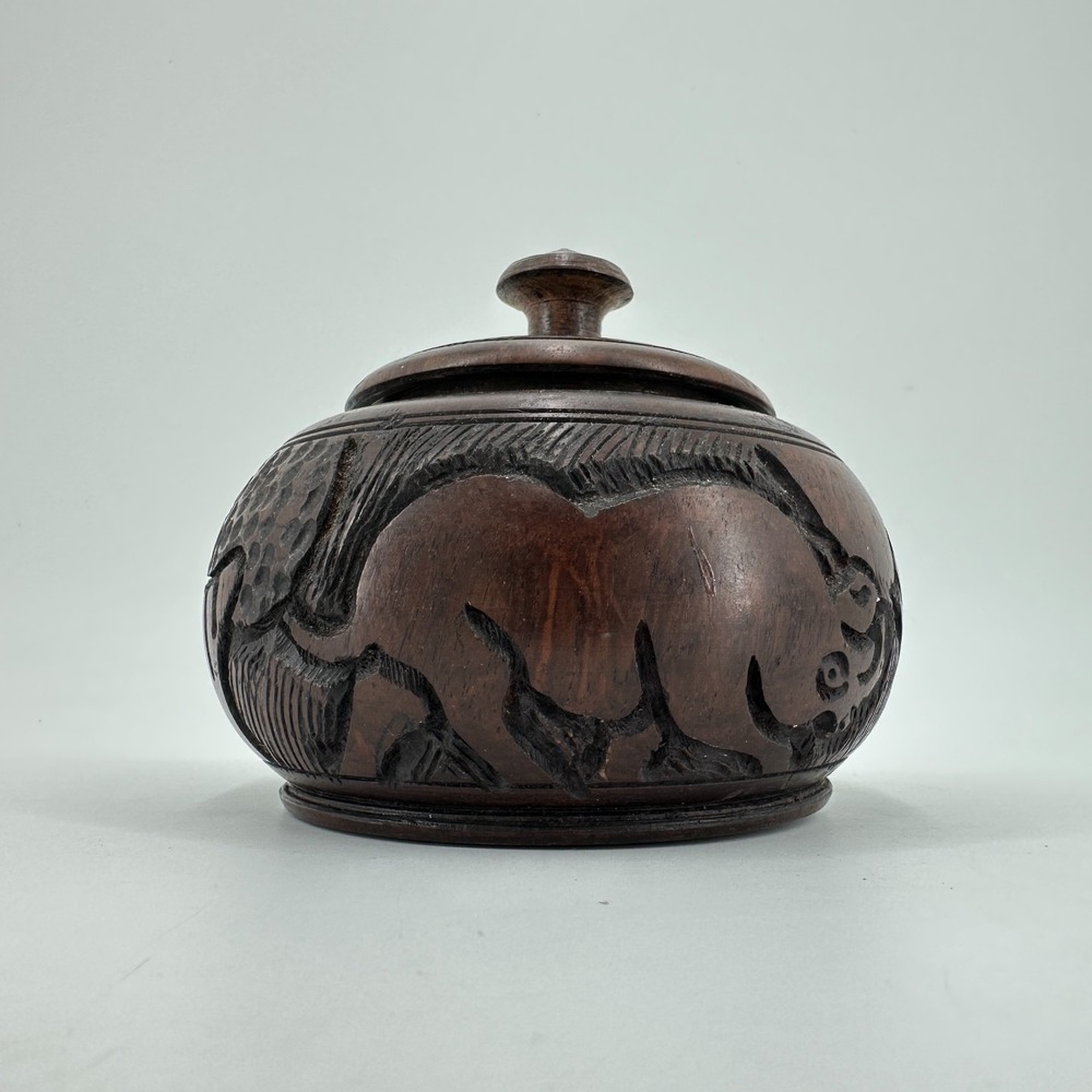 Vintage Hand Carved Wooden Lidded Trinket Box - Rhino Design Folk Art